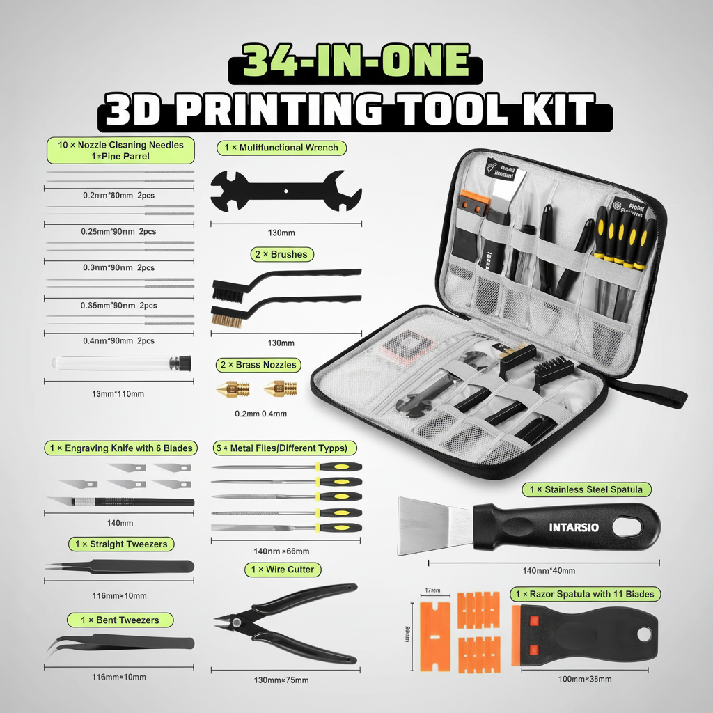 3D Printer Tools Kit, 34pcs 3D Printer Accessories for All FDM/SLA Printers Includes Nozzle Cleaning, Removal Scrapers, Finishing Tools, 5 Types of Files,Brushes, Wire Cutter, Engraving Knife — product image