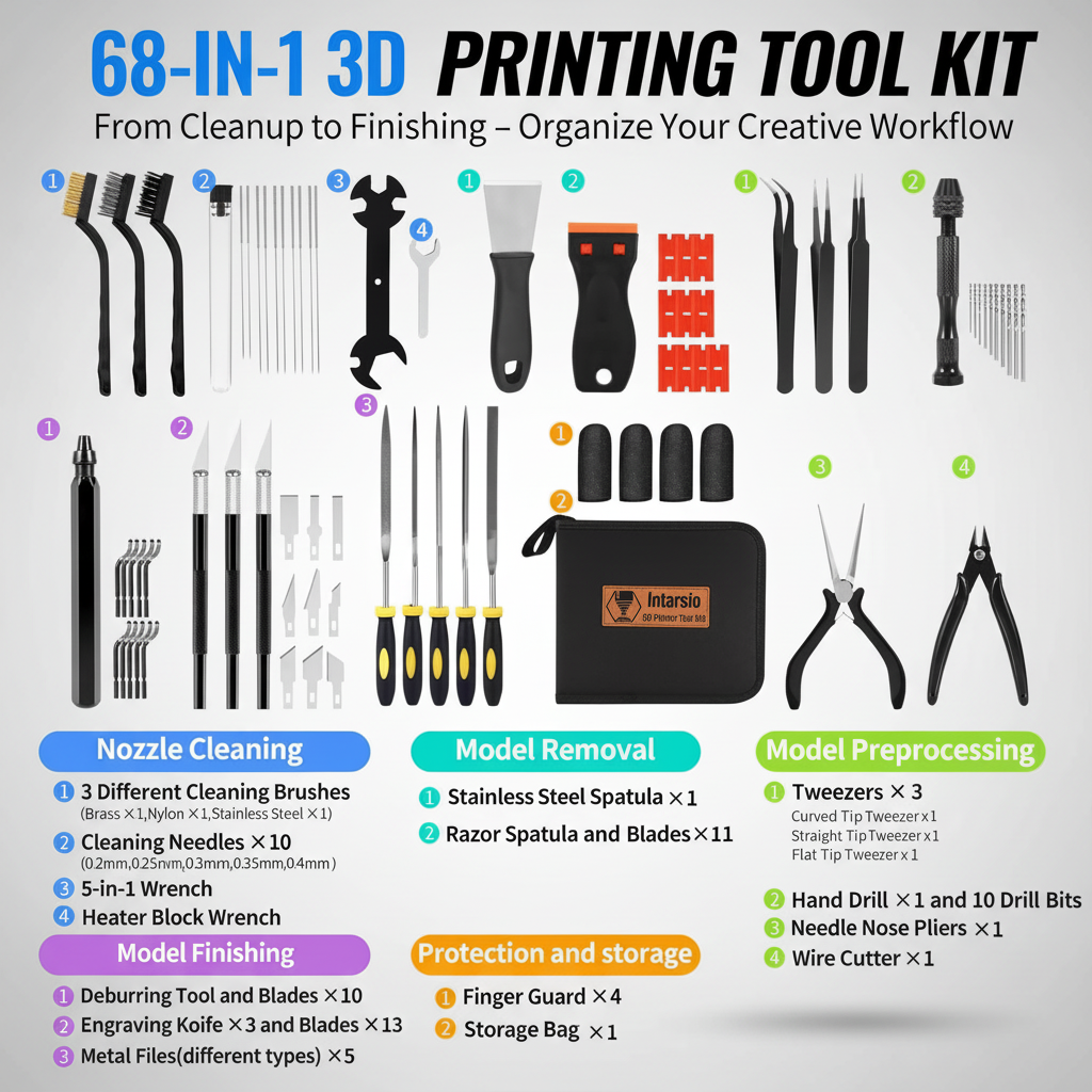 68Pcs 3D Printer Tools Kit with Storage Case, 3D Printer Accessories - Deburring Tool, 3D Printer Removing Scrapers, Metal Files, Brushes, Hand Drill, Tweezers, for Bambu Lab, Ender 3, Kobra, etc. — product image