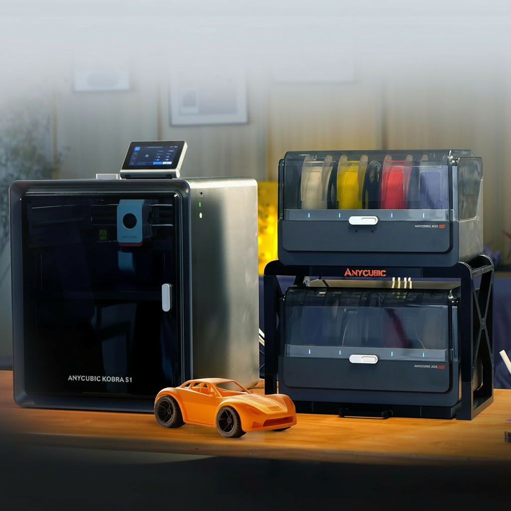 Anycubic Kobra S1 Combo Multi-Color 3D Printer with Active Filament Drying, 600mm/s High Speed CoreXY 3D Printer, Fully Enclosed & Auto Leveling, 4-Color Printing Bulit-in, Smart APP Control — product image