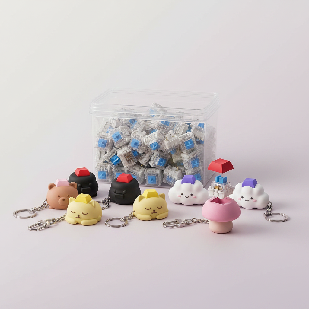 50PSC Keyboard Clickers for 3D Prints, Crisp Clicks with Strong Tactile Feedback, 3-Pin MX Style Clicky Mechanical Keyboard Switches for 3D Printed Fidgets, 30M Clicks, Extra 10 Keychains — product image
